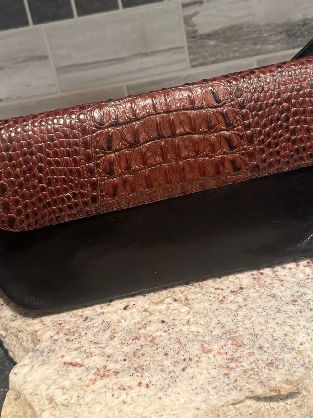 Brahmin Black Smooth Leather & Brown Croc Flap Shoulder bag